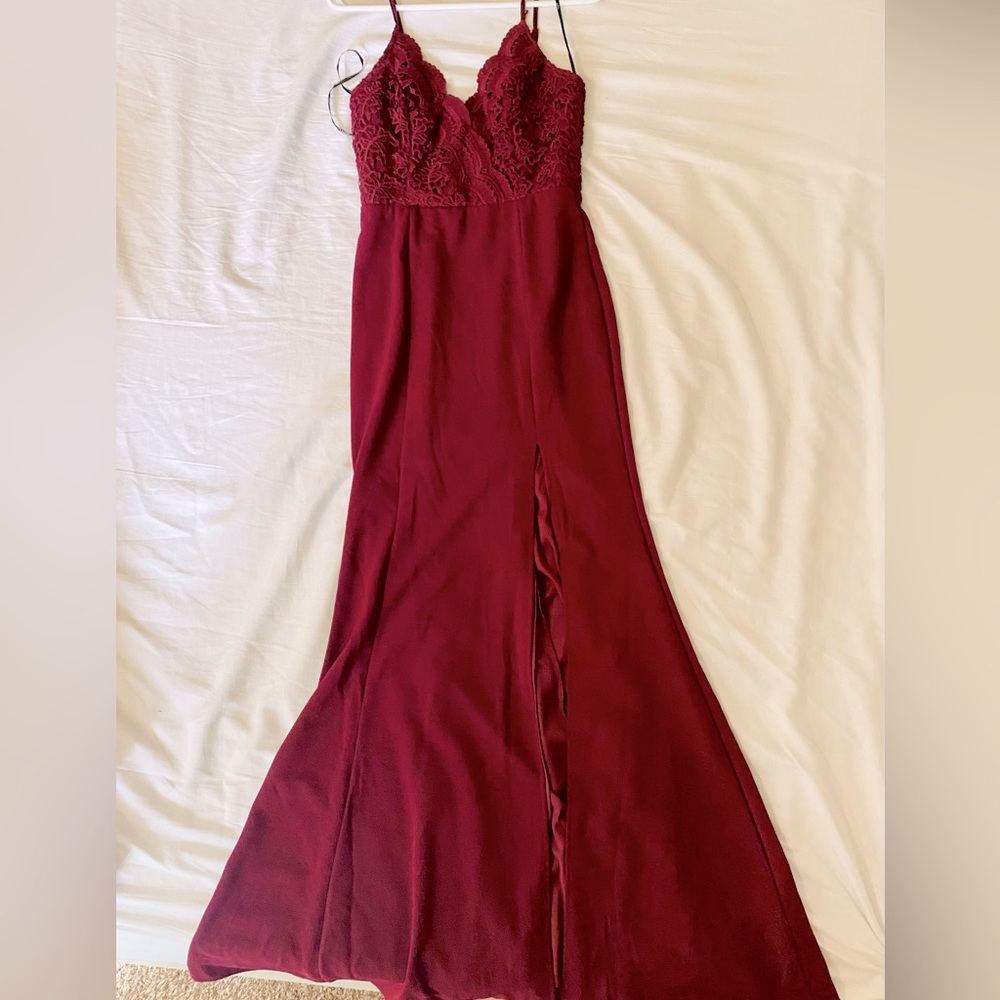 Burgundy long dress with front slit from lulus.